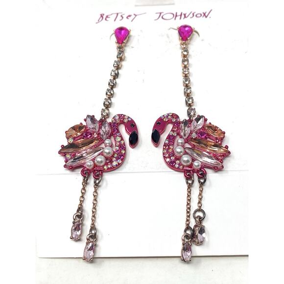 NIB Betsey Johnson Womens Pink and Rose Gold Linear Drop Flamingo Earrings - Picture 1 of 4